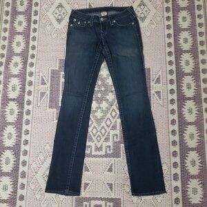 Women's TRUE RELIGION Sz 25 Low Rise Straight Leg Dark Blue Denim Jeans EUC